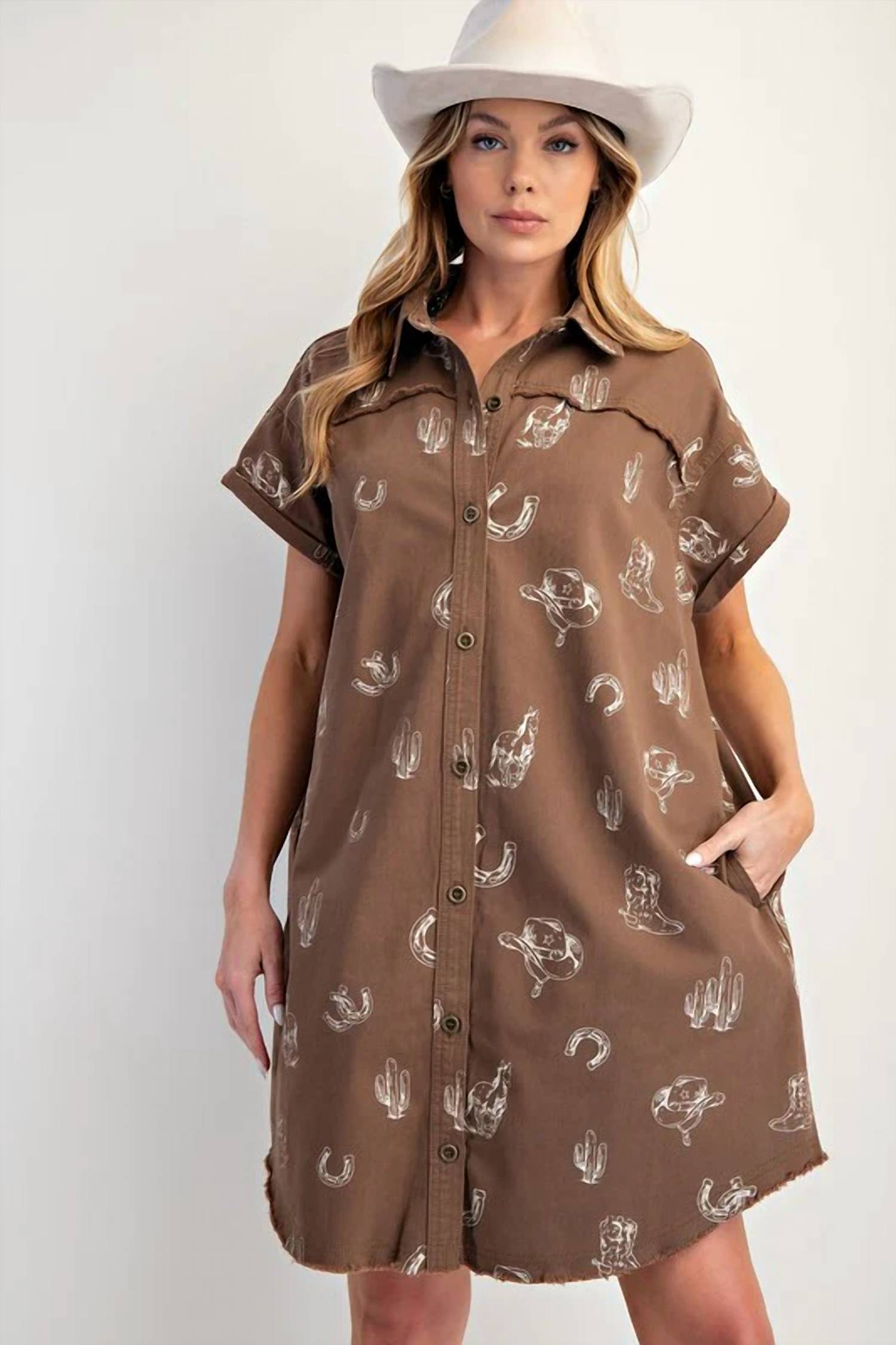 Easel - Western Printed Washed Twill Shirt Dress