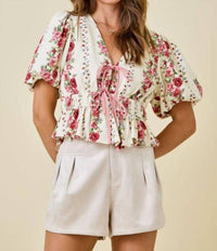 Day + Moon - Floral Print Blouse With Bubble Sleeves
