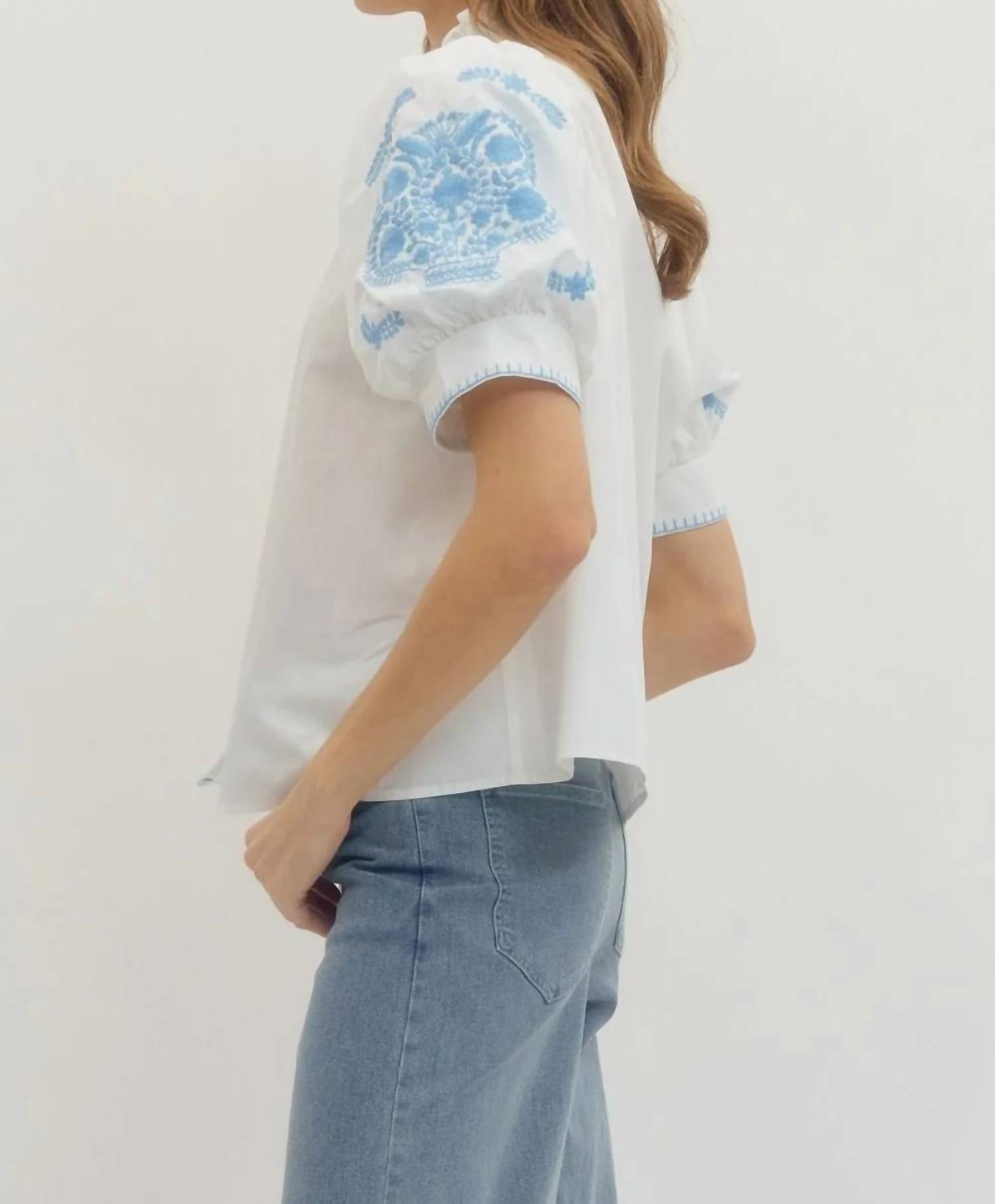 Entro - Women's Floral Embroidered Puff Sleeve Top