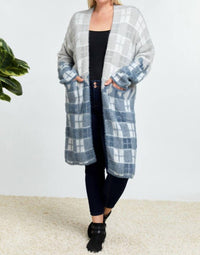 Davi & Dani - Color Block Plaid Pattern Long Cardigan