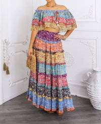 Surelymine - Boho Floral Ruffle Crop Top & Maxi Skirt Set