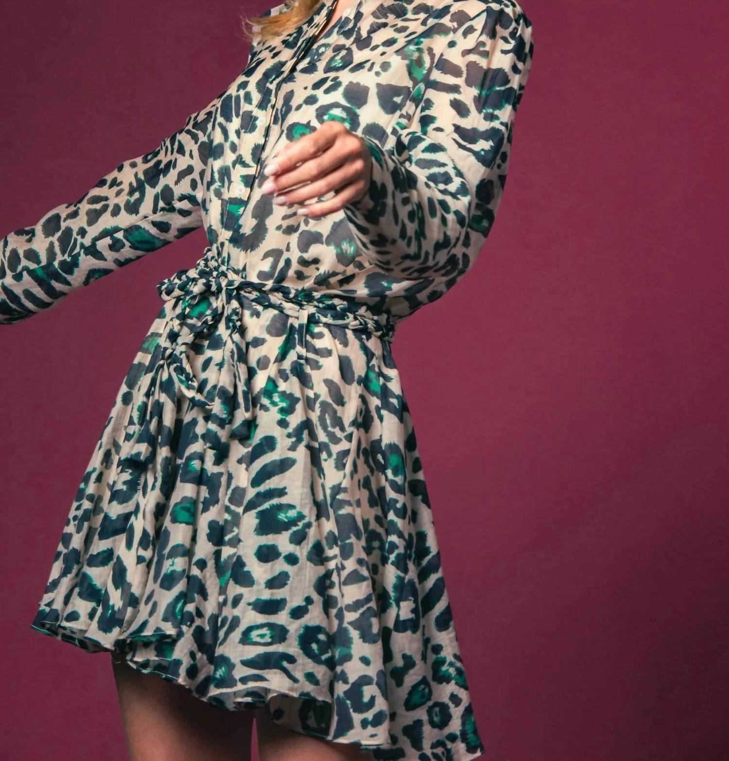 THE SHIRT Jenica Mini Dress in green leopard - women's dress - alternate view