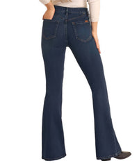 Rock & Roll Denim Scallop Detail Button Flare Jeans in dark wash - women's jeans - detail view