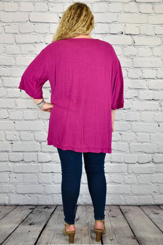 Umgee - Long Sleeve Side Slits Frayed Edge Tunic Top