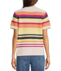 PENDLETON Ribbed Knit Textured Stripe Crew Neck Short Sleeve Top in pink ecru multi - women's t-shirt - detail view
