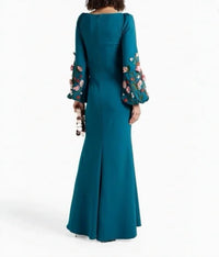 Badgley Mischka - Fluted Floral-Appliqued Crepe Dress