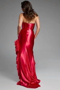 Jovani - Strapless Satin Lace Maxi Dress