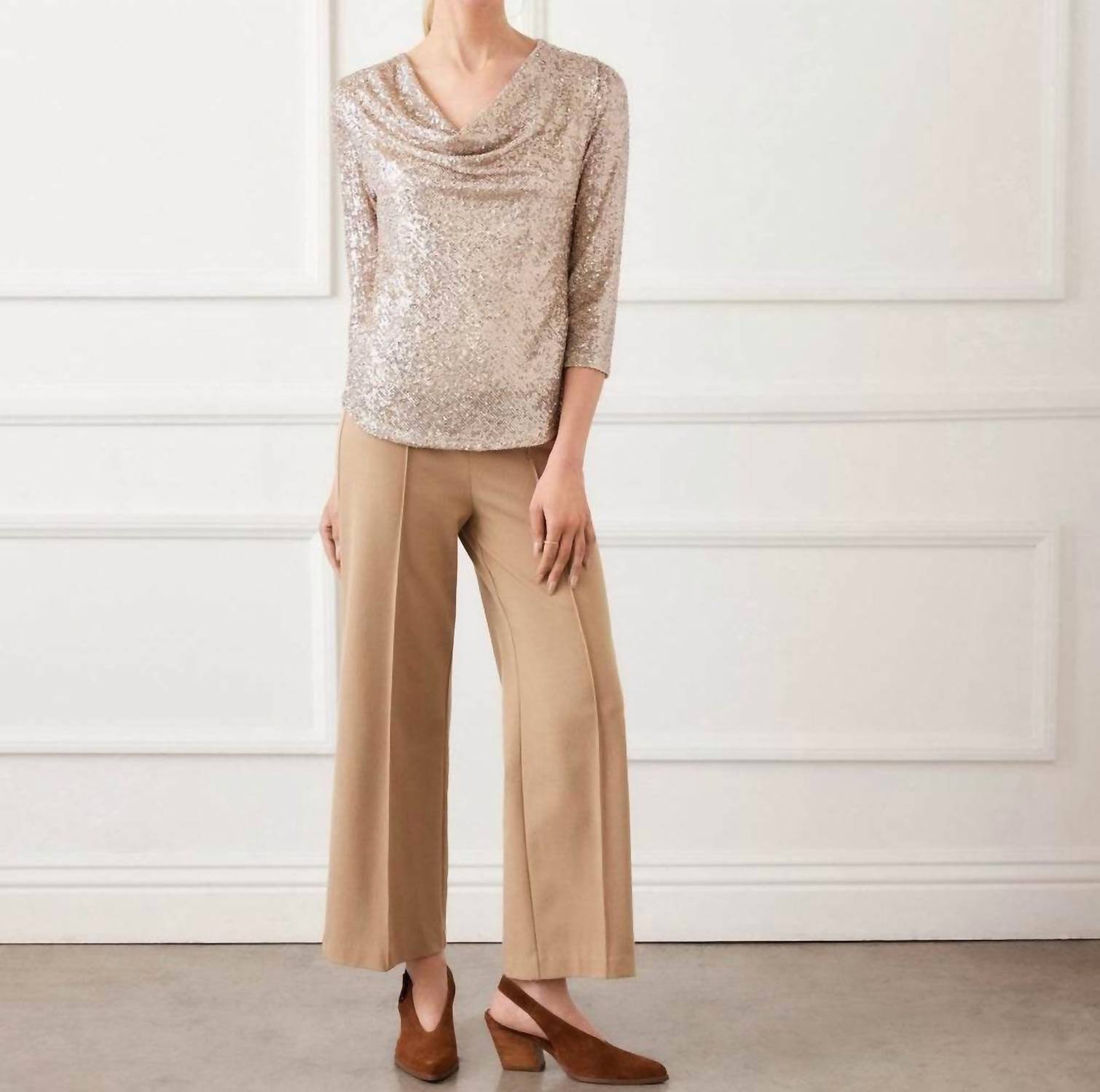 Karen Kane Cropped Pintuck Wide-Leg Pants in camel - women's pants - detail view