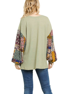 Umgee - Paisley Print Waffle Knit Top