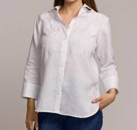Hinson Wu Margot 3/4 Sleeve Embroidered Linen Shirt in white - women's long sleeve top