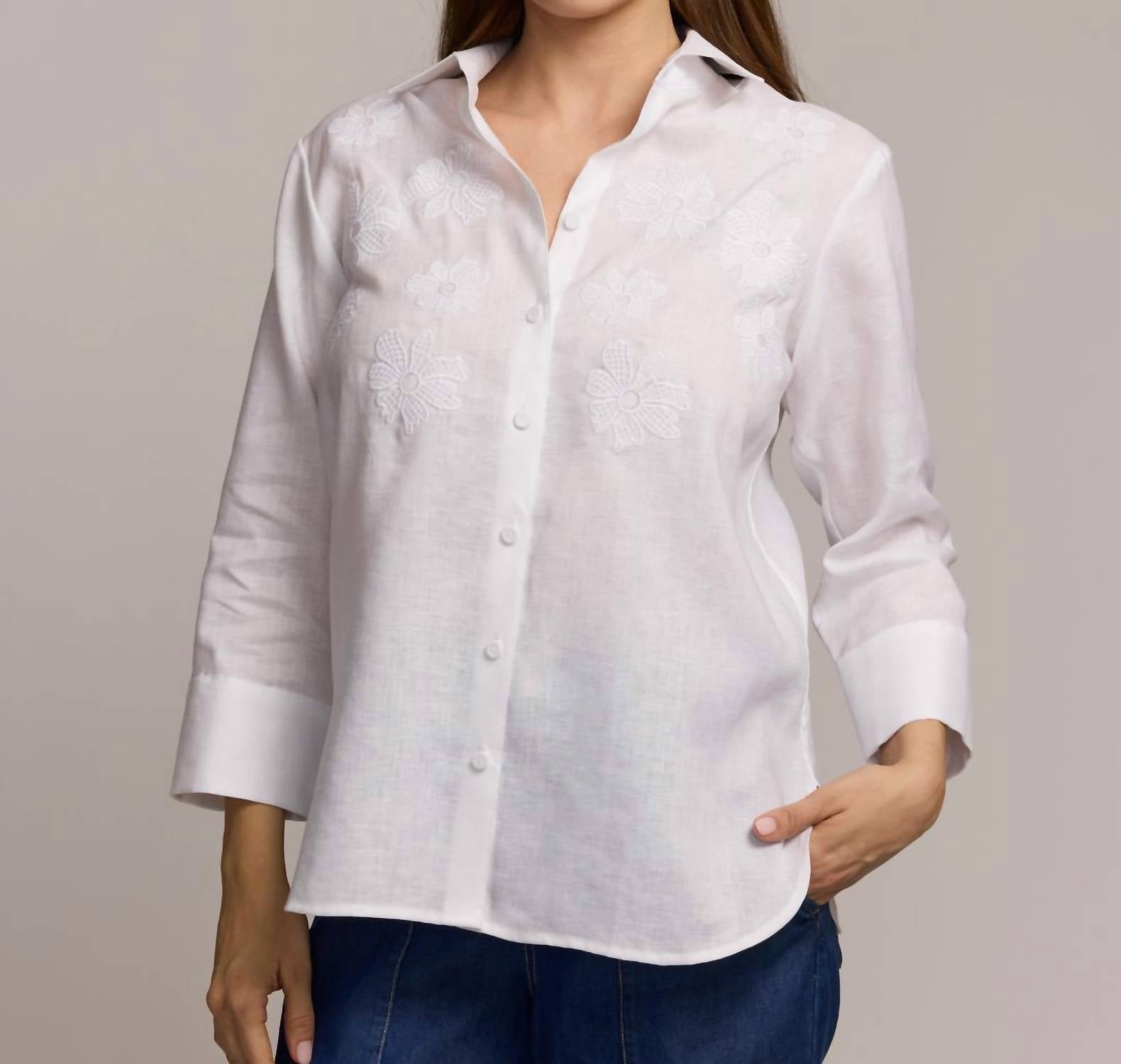 Hinson Wu Margot 3/4 Sleeve Embroidered Linen Shirt in white - women's long sleeve top