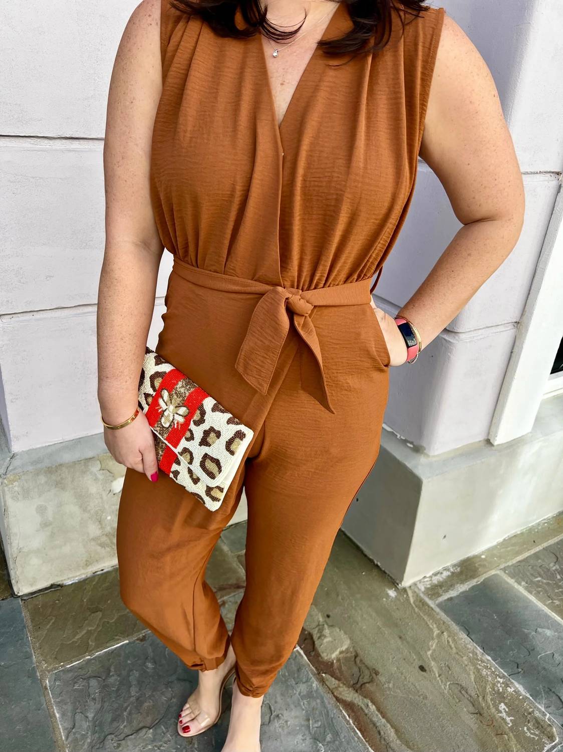 Entro - Solid Surplice Sleeveless Jumpsuit