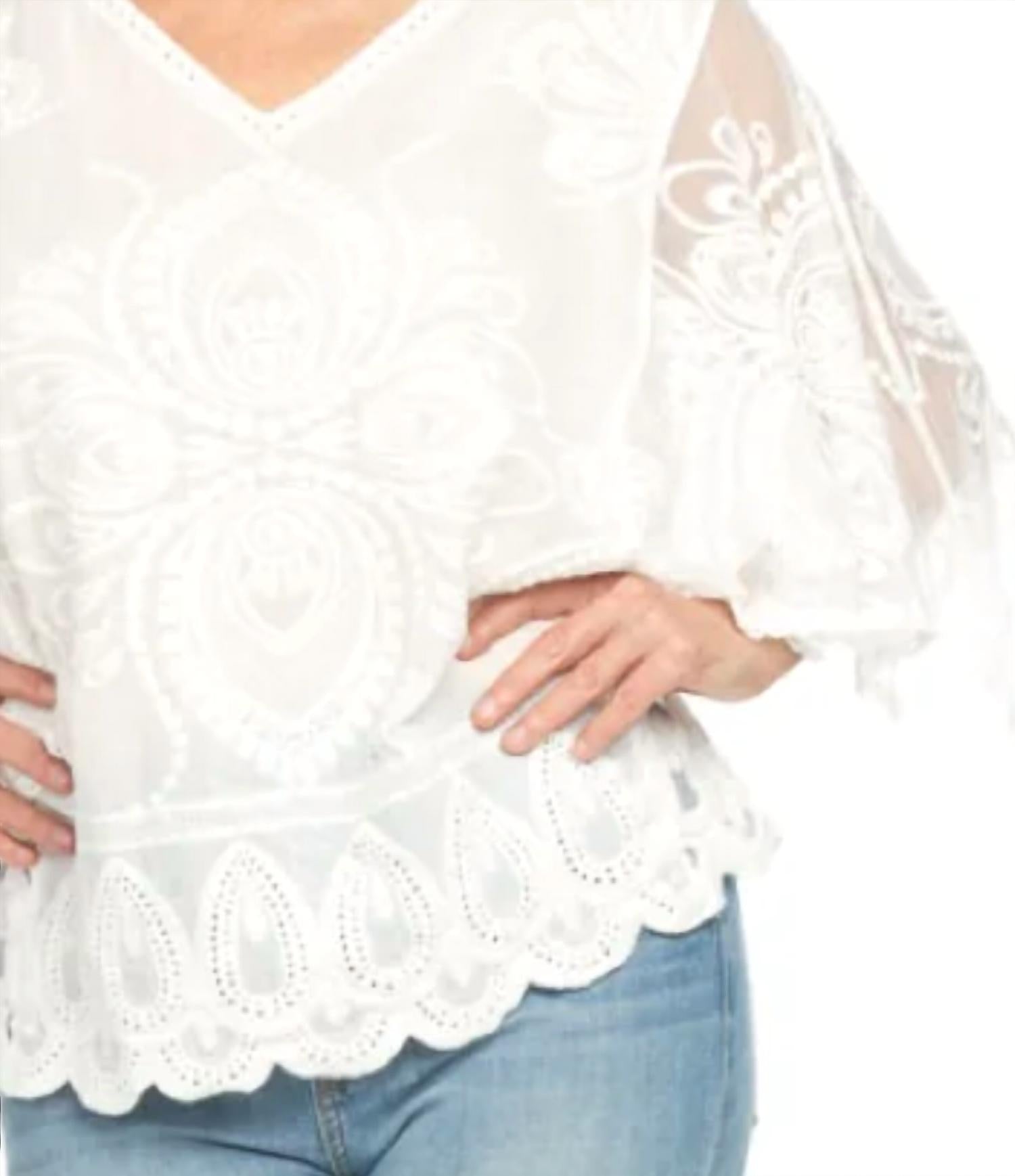 Papillon - Embroidered Cotton V Neck Blouse With Mesh Sleeves