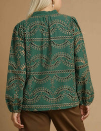 umgee Vera Eyelet Long Sleeved Top in green - women's long sleeve top - detail view