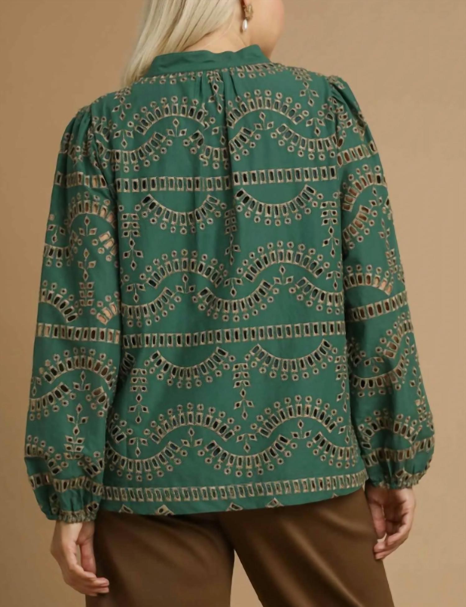 umgee Vera Eyelet Long Sleeved Top in green - women's long sleeve top - detail view