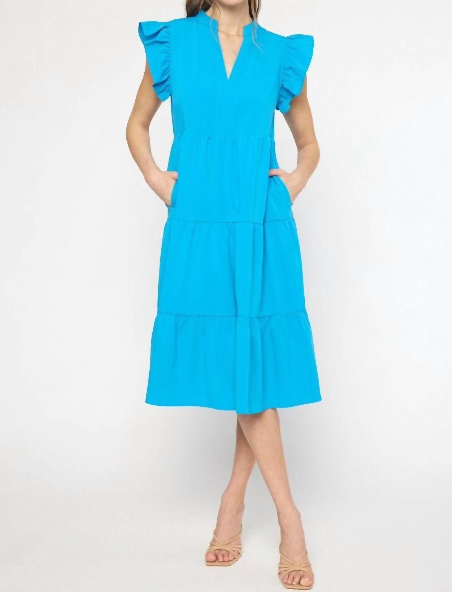 entro Ruffled Pocket Tiered Midi Dress in cobalt - women's dress