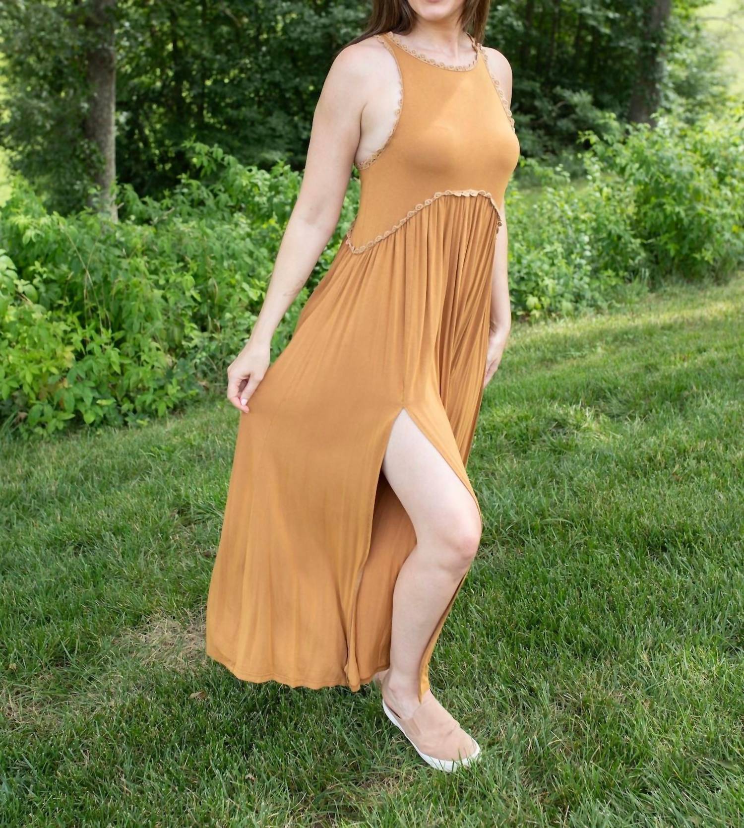 POL Stone Washed Maxi Dress in mustard - women's dress - detail view