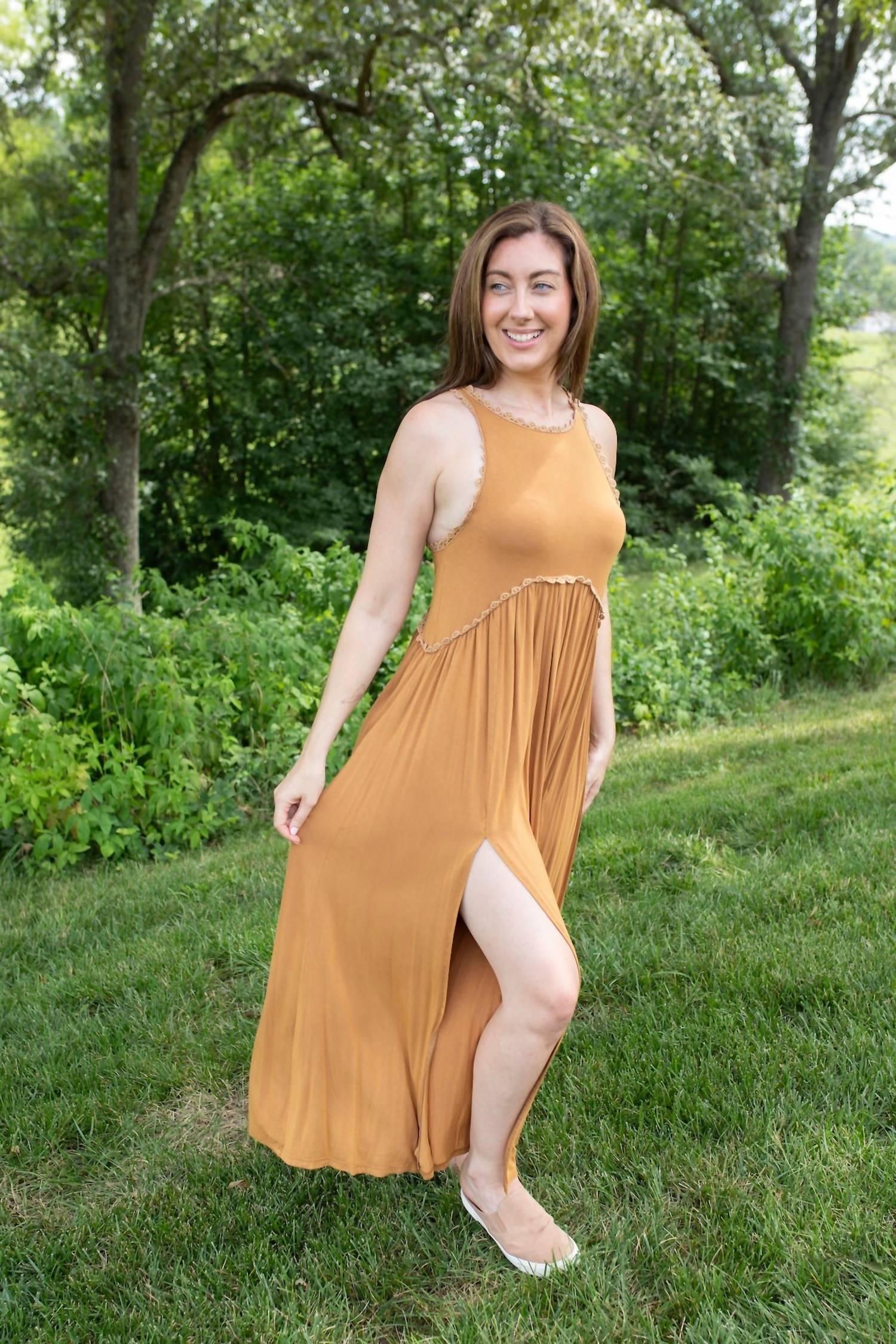 POL Stone Washed Maxi Dress in mustard - women's dress - alternate view