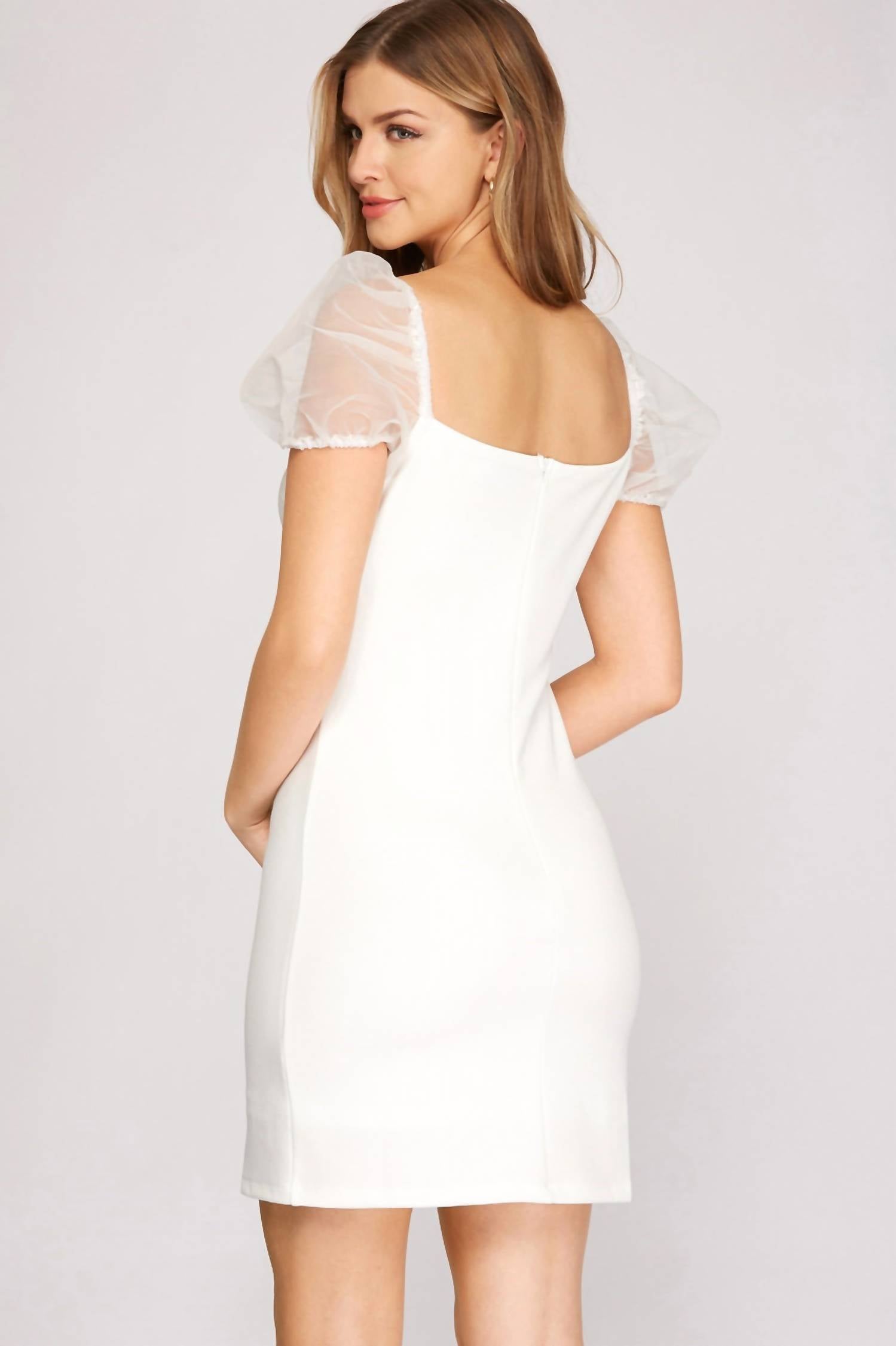 ORGANZA PUFF SLEEVE HEAVY KNIT MINI DRESS