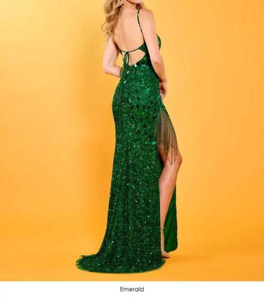 Rachel Allan - Fringed Sequin High Slit Gown