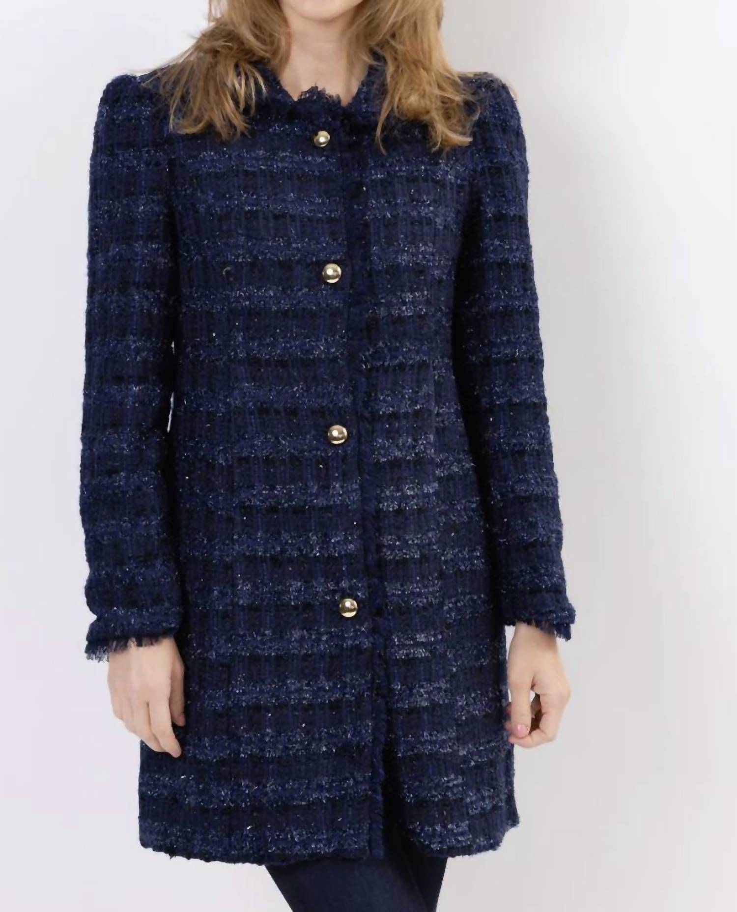 Navy Sparkle Tweed Button Front Coat