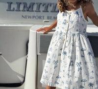 VIGNETTE Girl's Marina Dress in navy beach scene - kids' dress - detail view