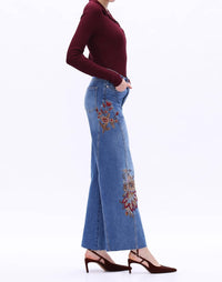 Bayeas High Rise Floral Embroidered Wide Leg Jeans in medium blue - women's jeans - alternate view