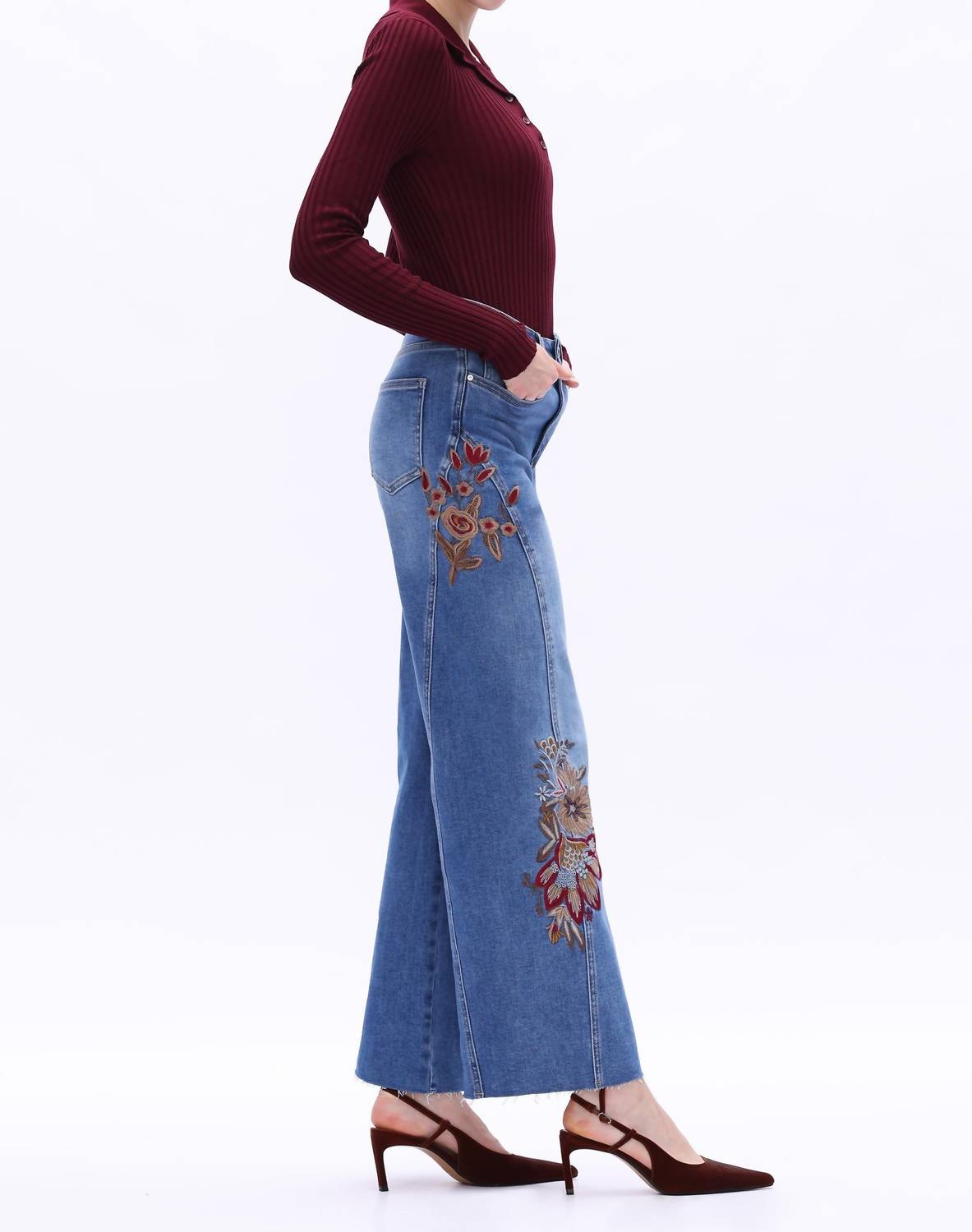 Bayeas High Rise Floral Embroidered Wide Leg Jeans in medium blue - women's jeans - alternate view