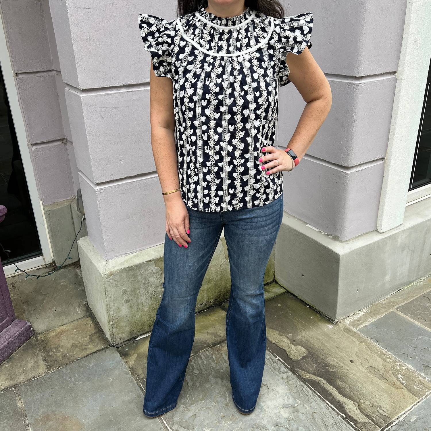 Voy - Heart Printed Eyelet Top