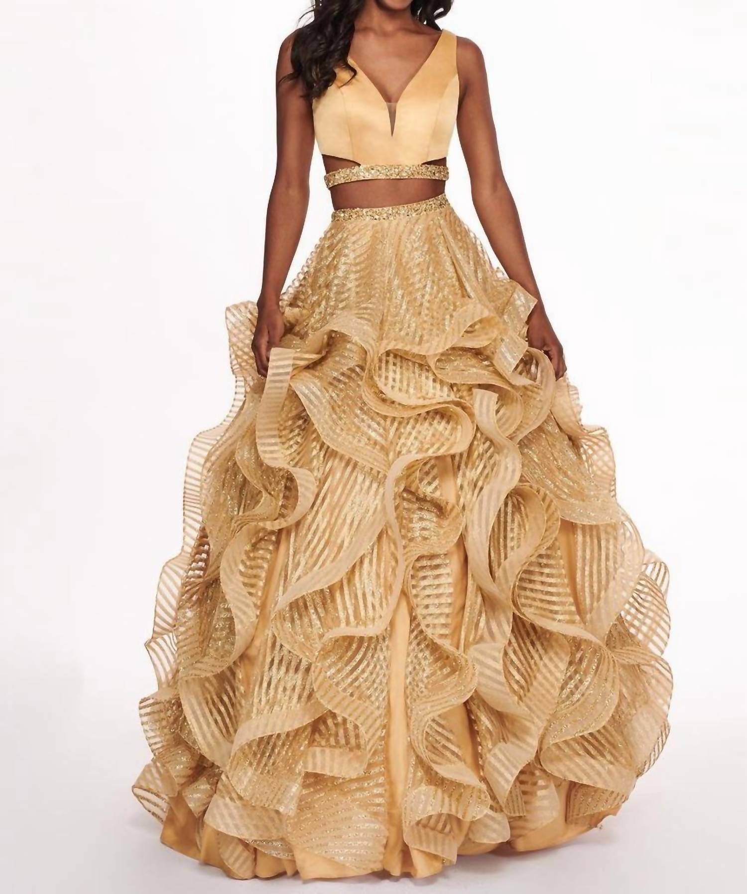 Rachel Allan - Two-piece Matte Satin Ruffled Gown