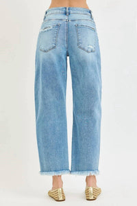 Risen - High Rise Crop Barrel Distressed Jeans