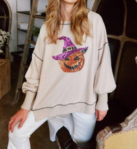 Fantastic Fawn - Sequin Halloween Pumpkin Patch Knit Sweatshirt
