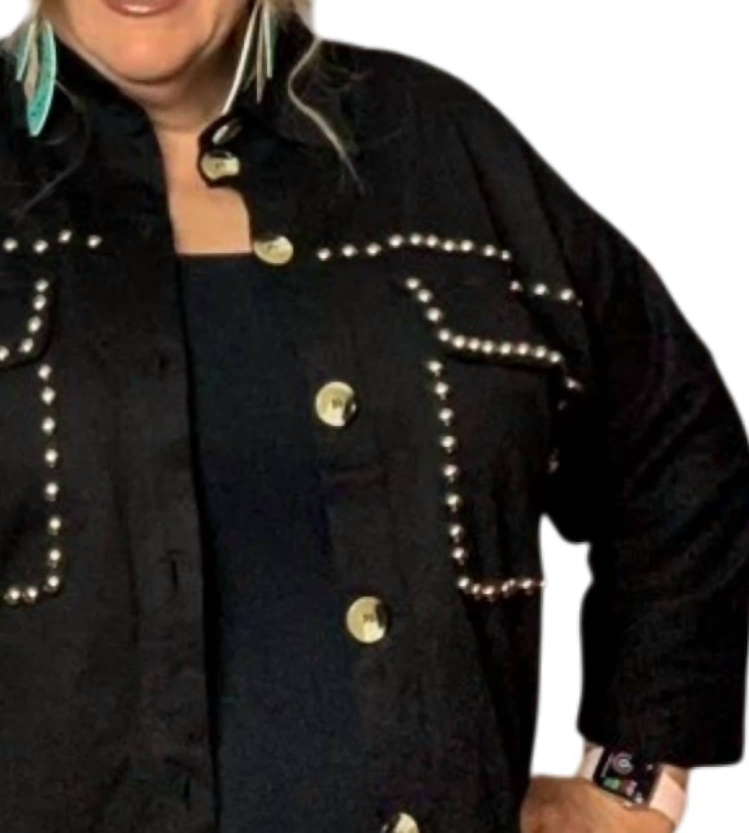 FANTASTIC FAWN Kourtney Studded Button Up Top in black - women's shirt - detail view