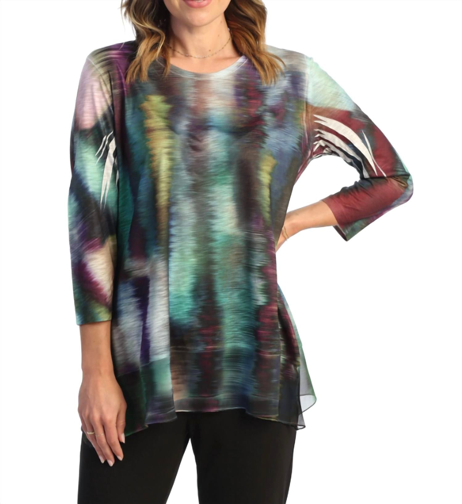 Jess & Jane Reflections Chiffon Hem Top in green multi - women's blouse - detail view