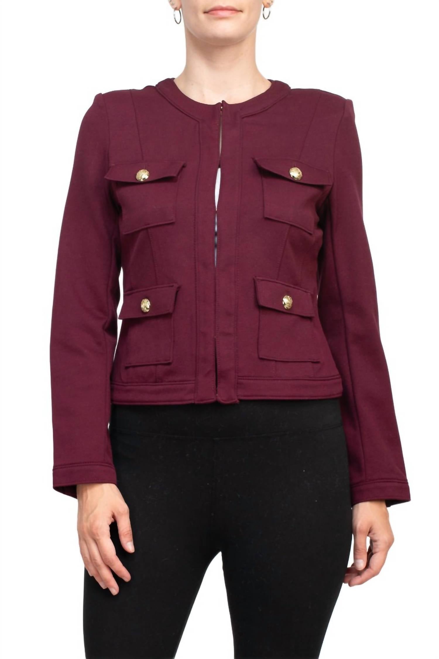 Carmen Marc Valvo - Crew Neck Woven Knit Jacket With Pockets