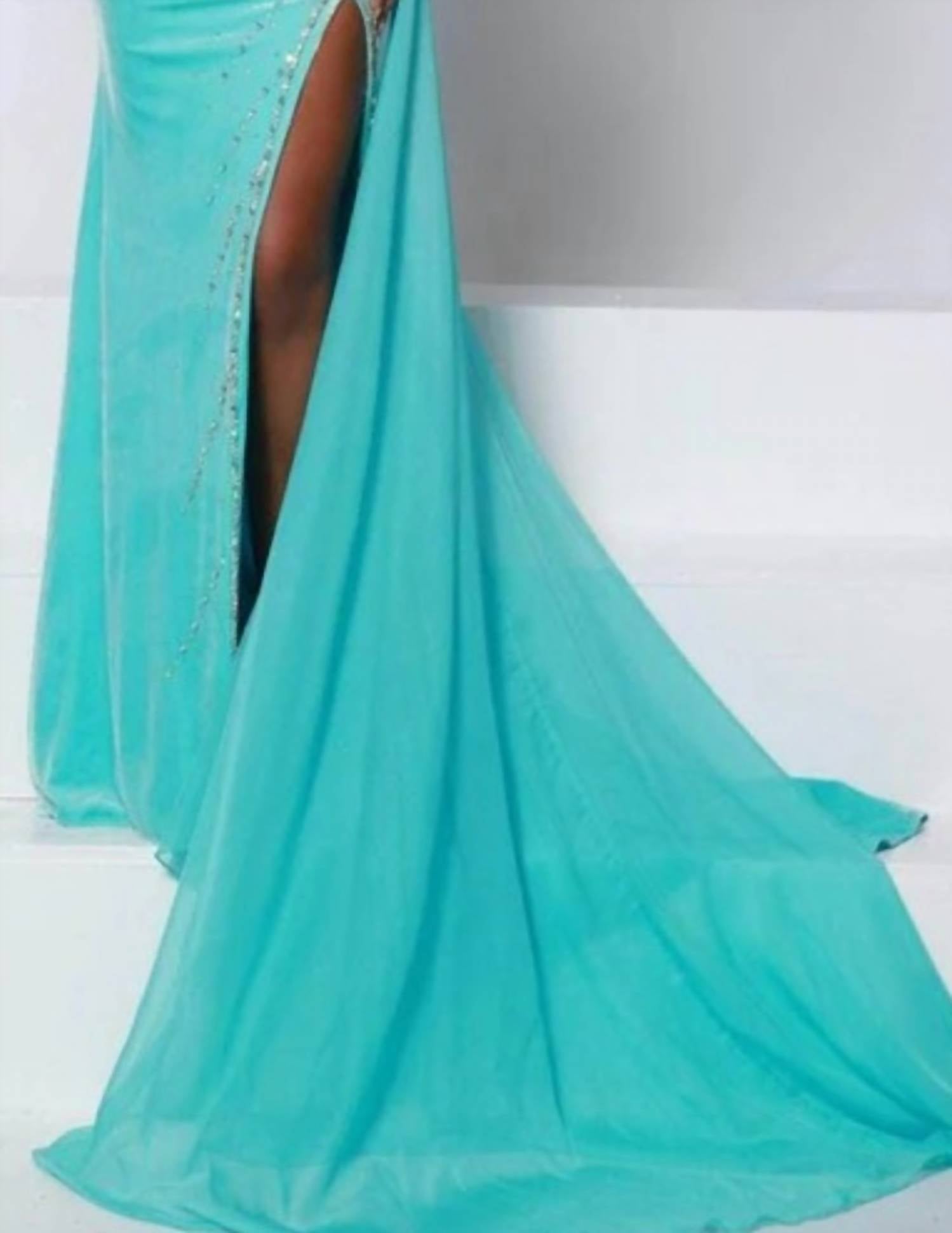 Johnathan Kayne One Shoulder Open Back Evening Gown in sky blue - women's dress - alternate view