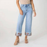 Coco + Carmen - Women's Everstretch Wide Leg Crop With Embroidered Cuff Jeans