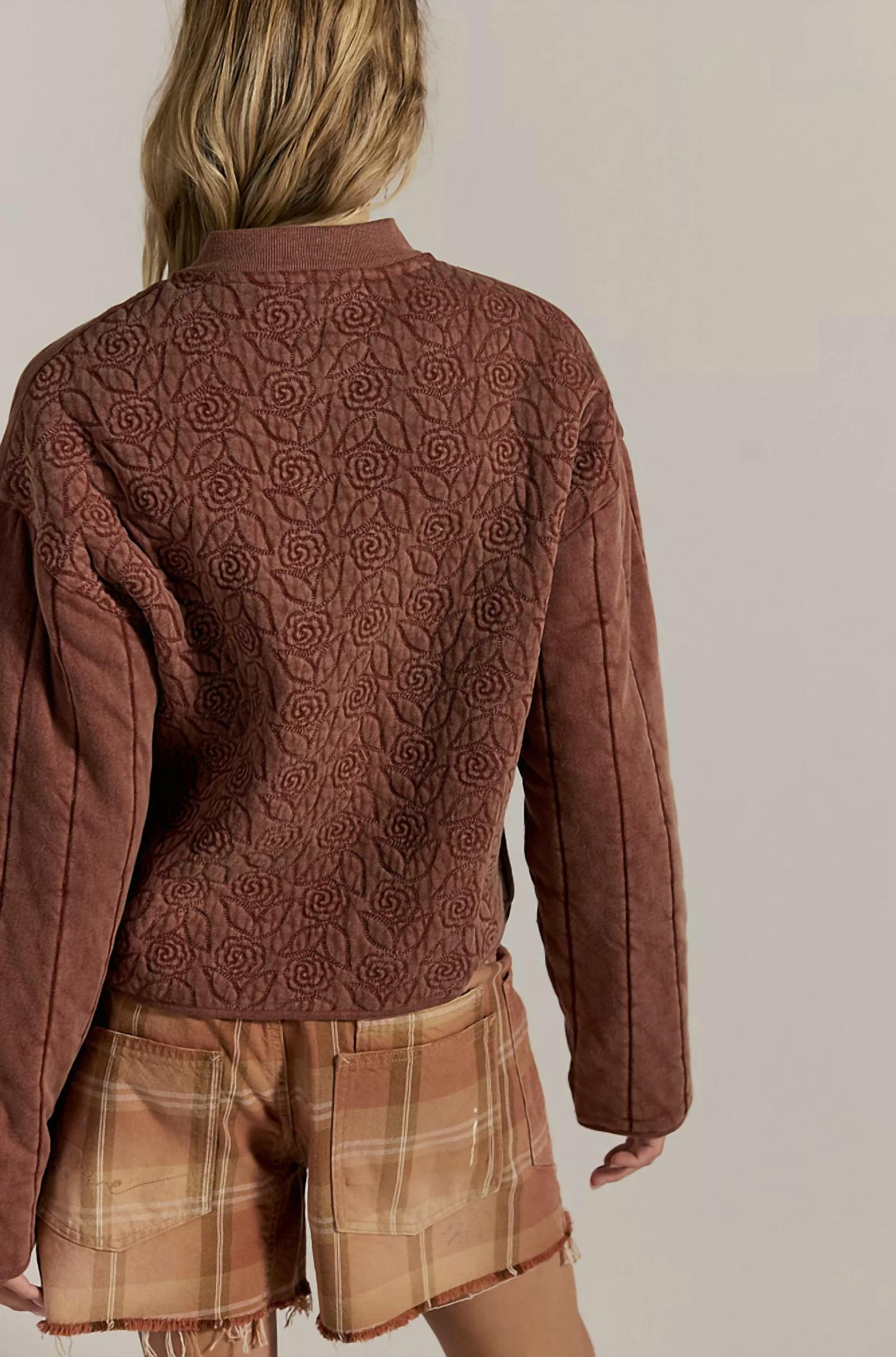 Free People Women's Rose Zip Up Sweatshirt in cinnamon brown - women's jacket - detail view