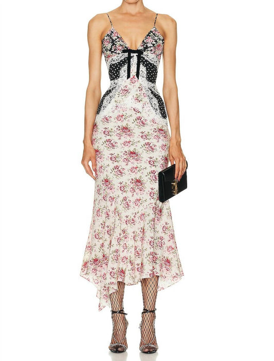 Alessandra Rich - Rose Print Slip Dress With Lace