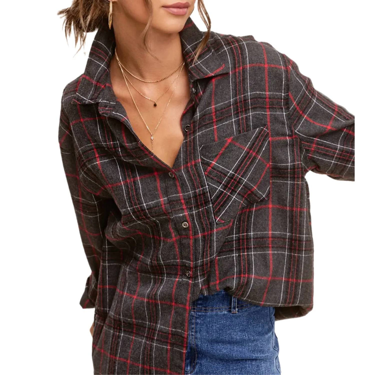 La Miel - Plaid Oversized Button Front Long Sleeve Shirt