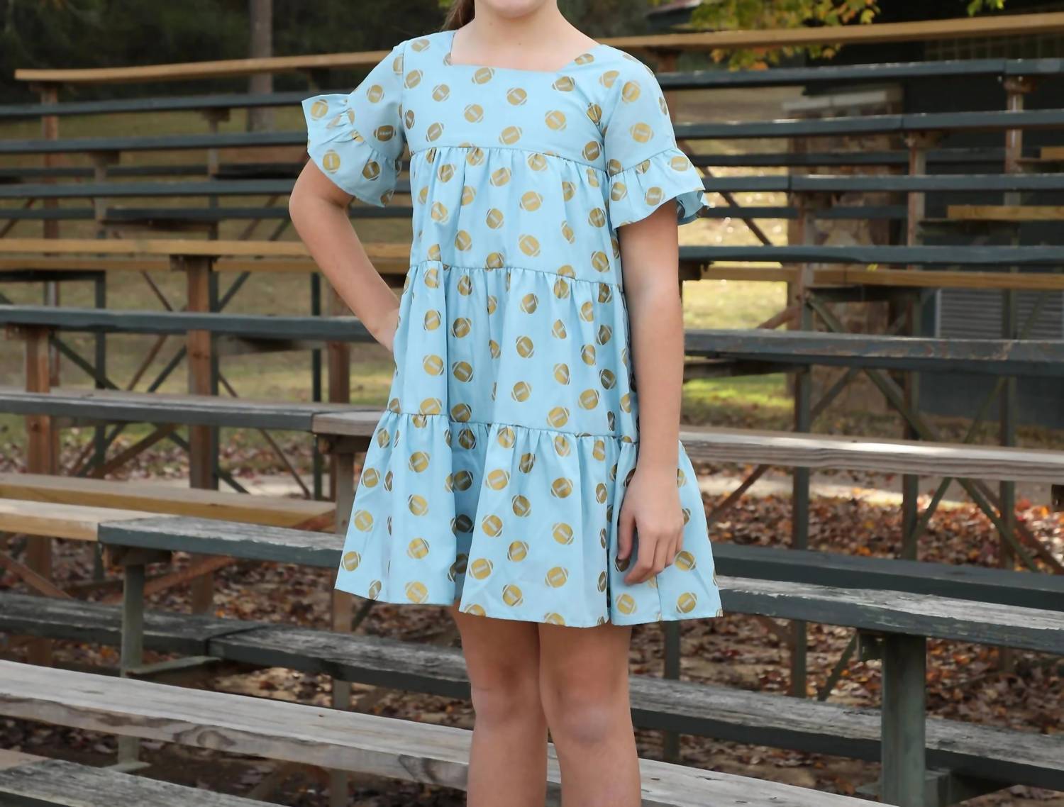 The Yellow Lamb - Girl's Game Day Tiered Dress With Footballs