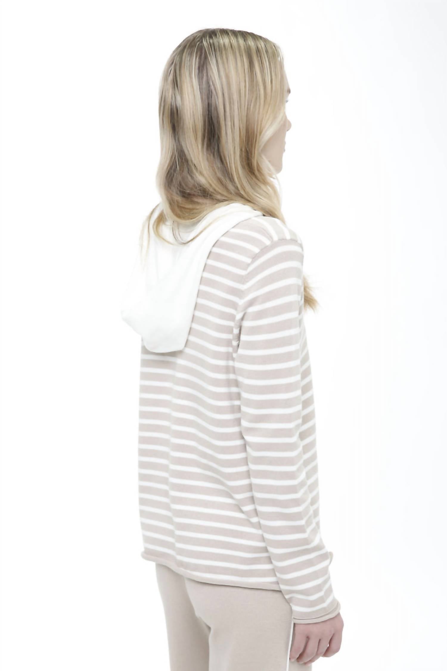Incashmere - Long Sleeve Striped Lace Up Hooded Pullover