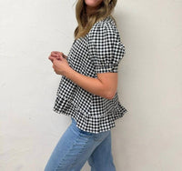Vine & Love - Puff Short Sleeve V-neck Gingham Blouse