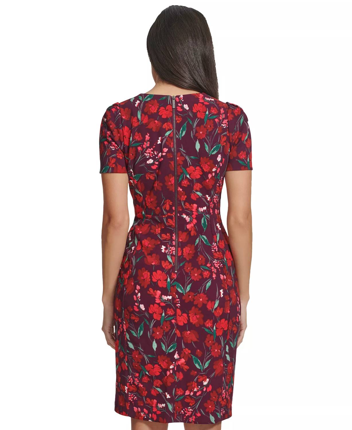 CALVIN KLEIN Floral Short-sleeve Sheath Dress in burgundy - women's dress - detail view
