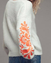 Urban Daizy Floral Detail Sleeve Fuzzy Sweater in white orange - women's sweater - detail view