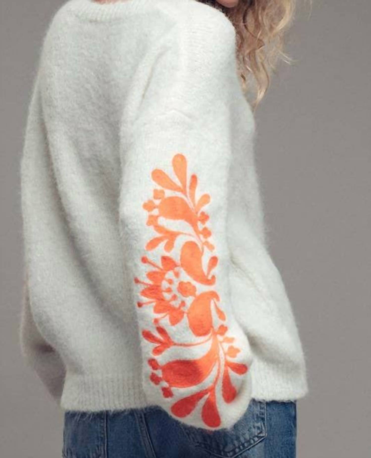 Urban Daizy Floral Detail Sleeve Fuzzy Sweater in white orange - women's sweater - detail view