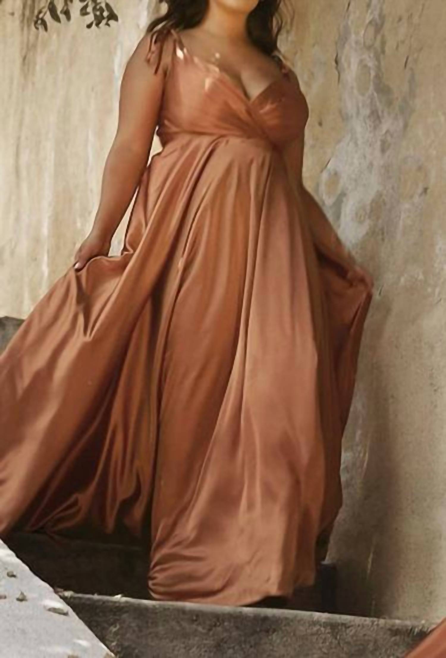 Ladivine Long Satin V-neck Dress in sienna - women's dress