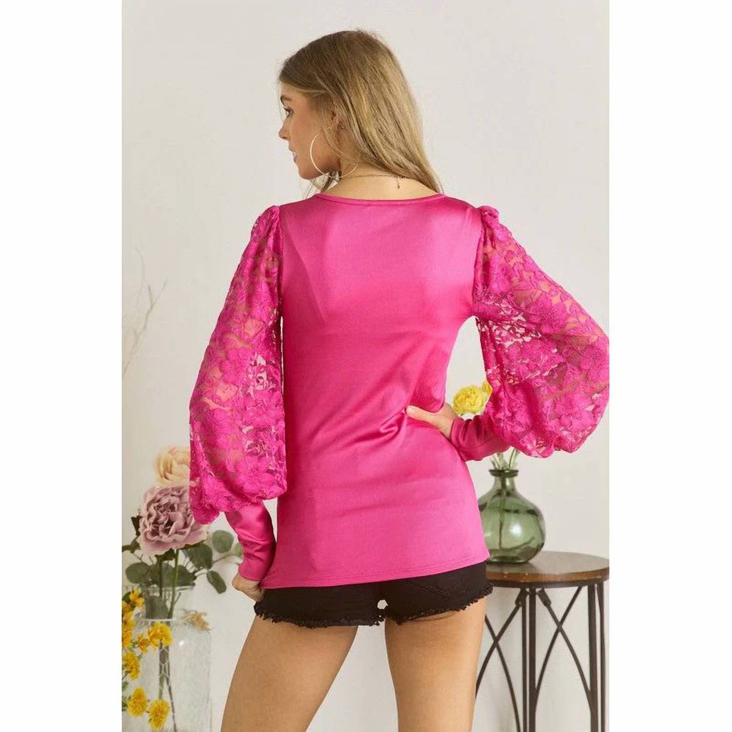 Adora - Floral Lace Balloon Sleeve Top