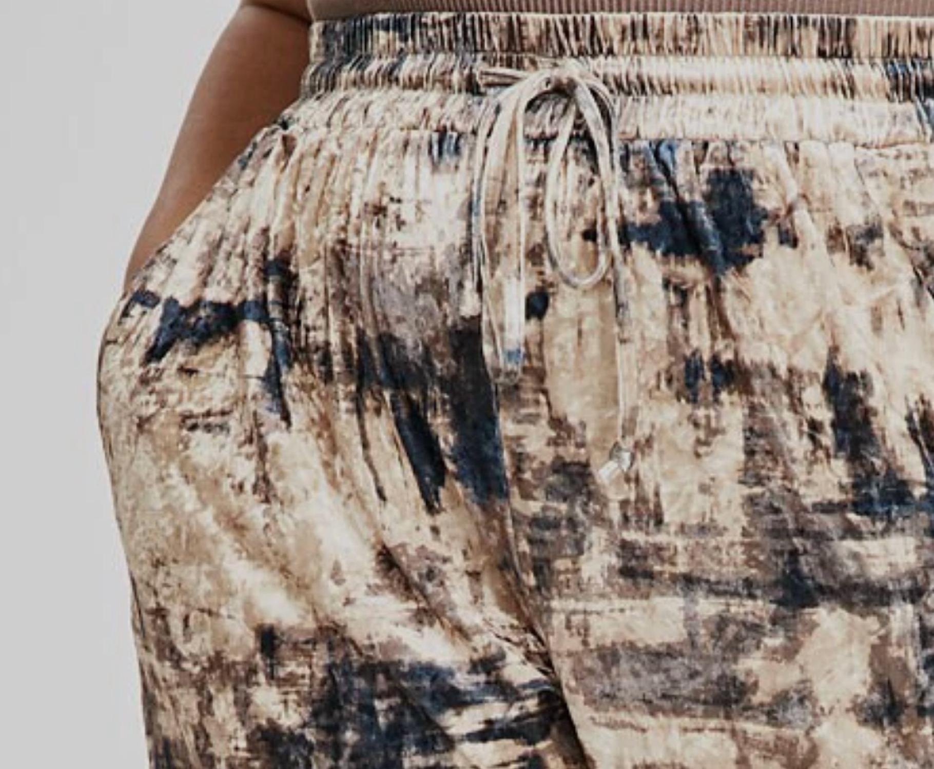 Nina Parker Women's Abstract Print Velvet Drawstring Pants in beige - women's pants - detail view