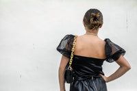 Day + Moon - Organza Puff Sleeve Cropped Satin Knit Top